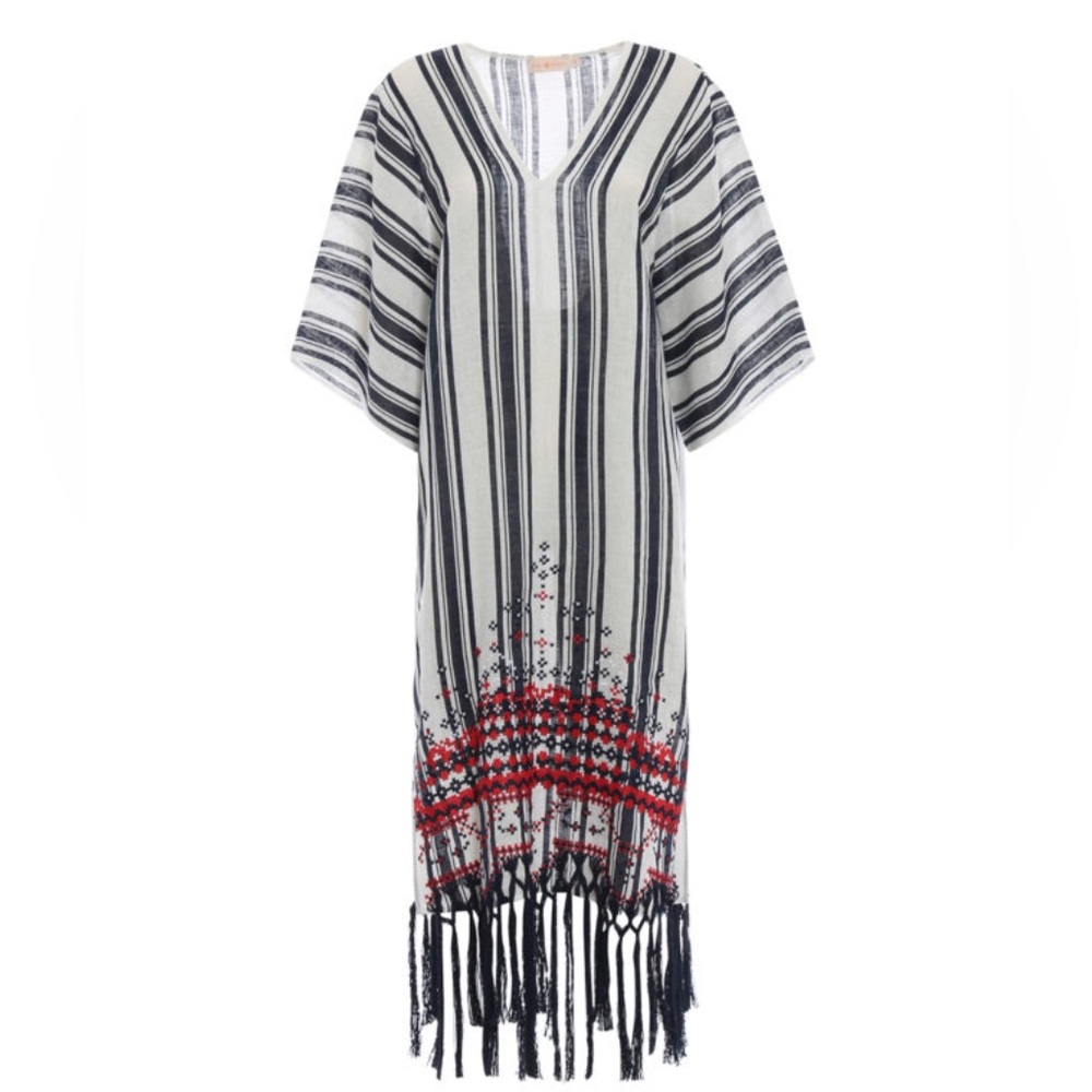 TORY BURCH EMBROIDERED STRIPED LINEN-GAUZE KAFTAN
